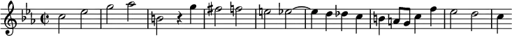 \relative c'{
    \clef treble
 \key c \minor
    \time 2/2 
    c'2 ees      | % 1
    g aes      | % 2
    b, r4 g'      | % 3
    fis2 f      | % 4
    e ees~      | % 5
    ees4 d des c      | % 6
    b a8 g c4 f      | % 7
    ees2 d \bar "|"     | % 8
    c4 }