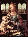 Madonna of the carnation by Leonardo, with Lake Como mountain